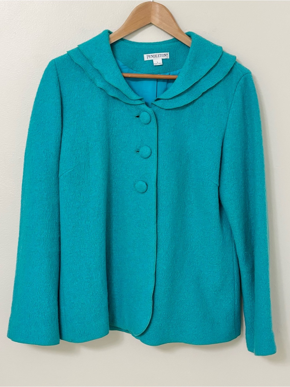 Pendleton 100% Wool Turquoise Blazer Jacket Size L Scalloped Collar